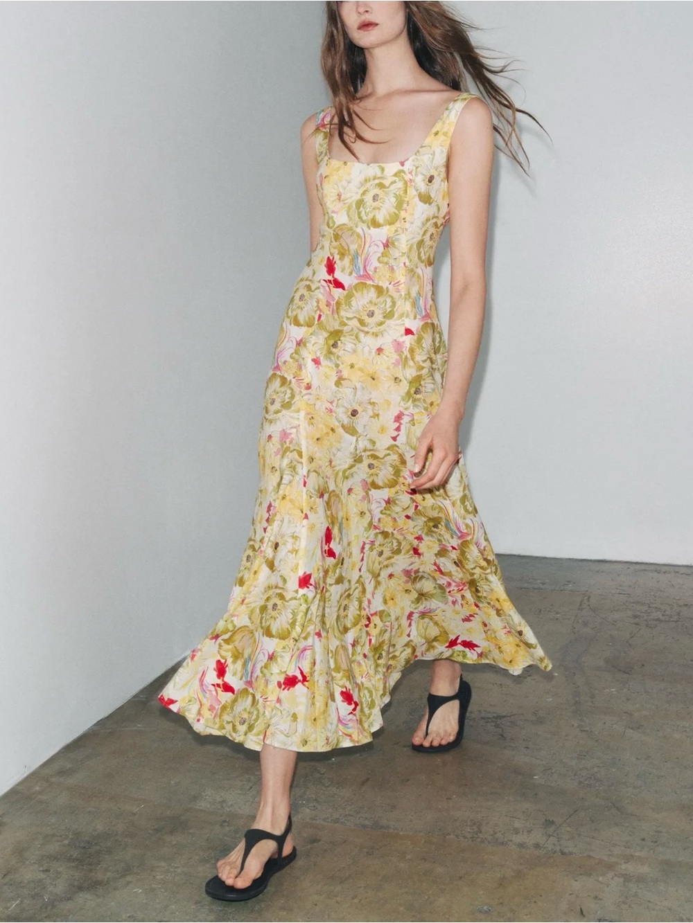 NWOT Zara ZW Collection Floral Linen Blend Midi Maxi Dress L Yellow Square Neck